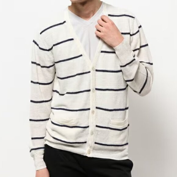 Striped White Club Monaco Cashmere Cardigan Size M - Picture 1 of 10